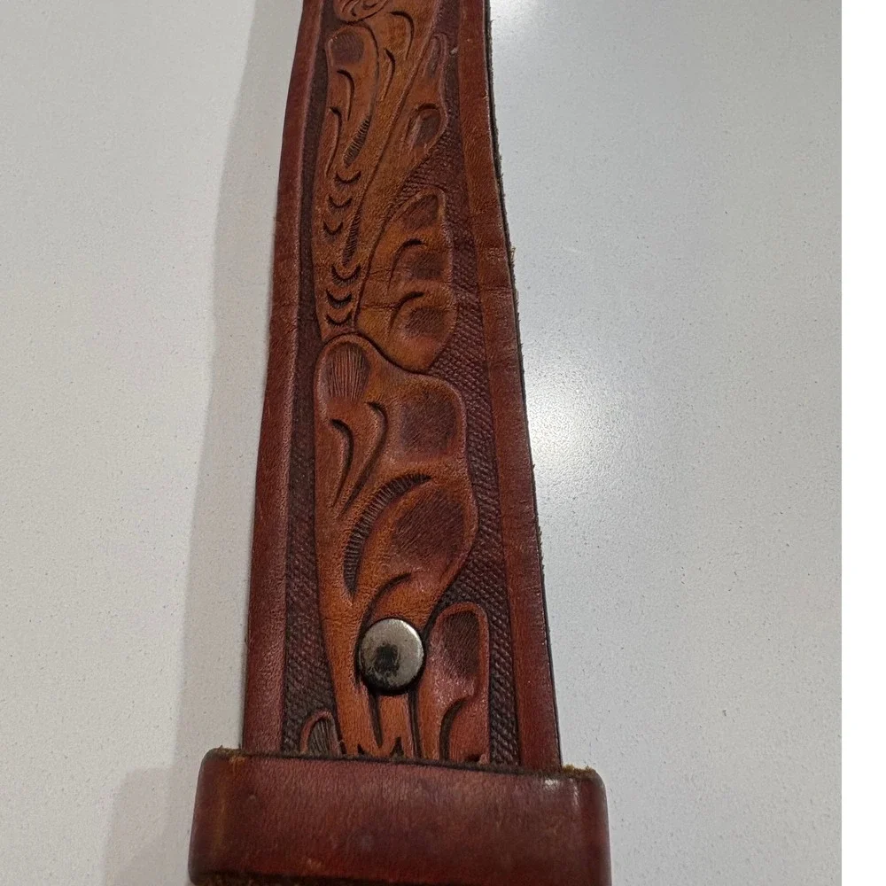 1960s Handmade Leather Belt Eagle Peace Sign Tooled Brown Western Hippie Boho‎